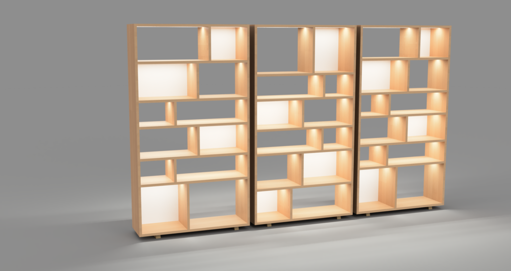 Visuel 3D — étagères en hêtre avec LEDs